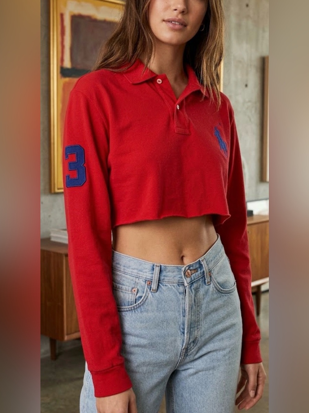 Polo by Ralph Lauren Red Cropped Long-Sleeve Polo